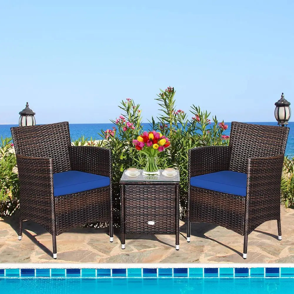 3‑Piece Rattan Patio Furniture Set – Two Wicker Chairs & Tempered Glass Coffee Table