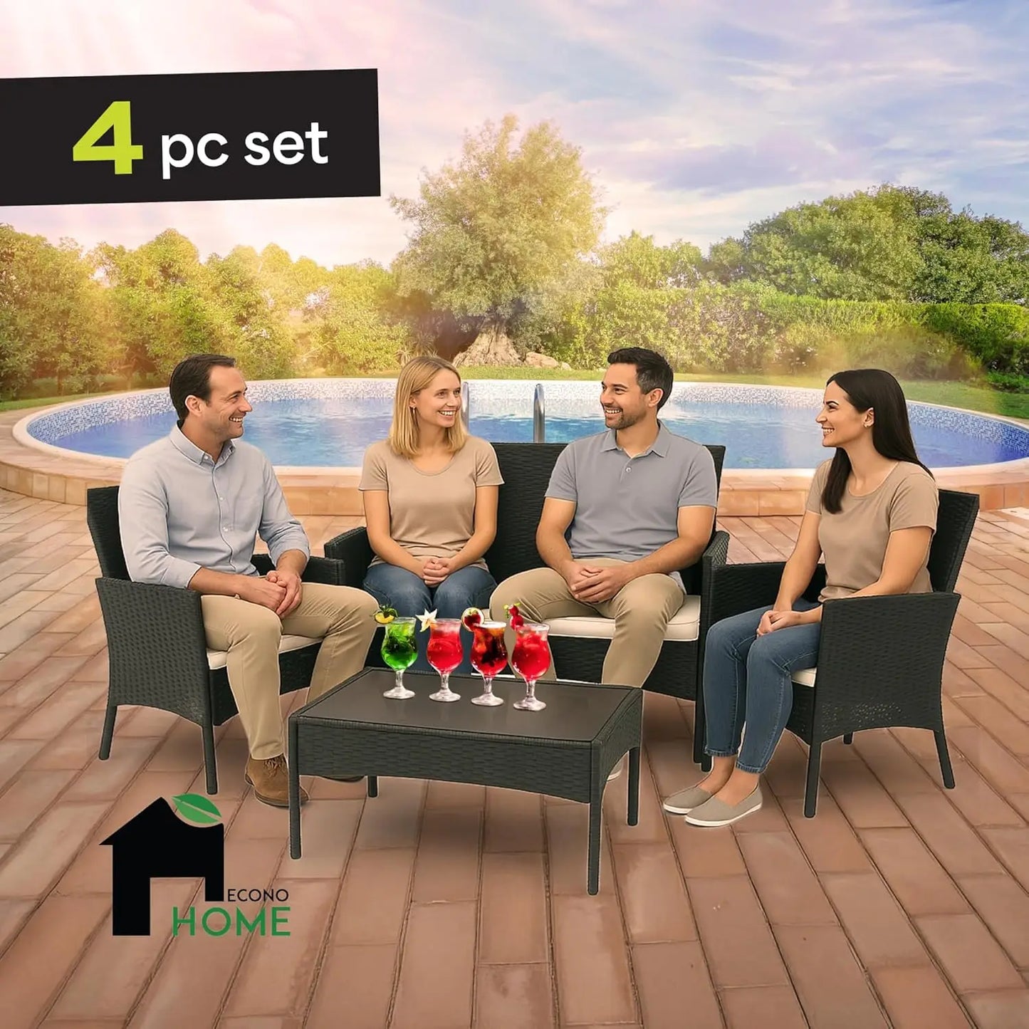 4-Piece Outdoor Patio Furniture Set - Patio Set with 2 Rattan Chairs, 1 Loveseat & 1 Glass -Top Coffee Table