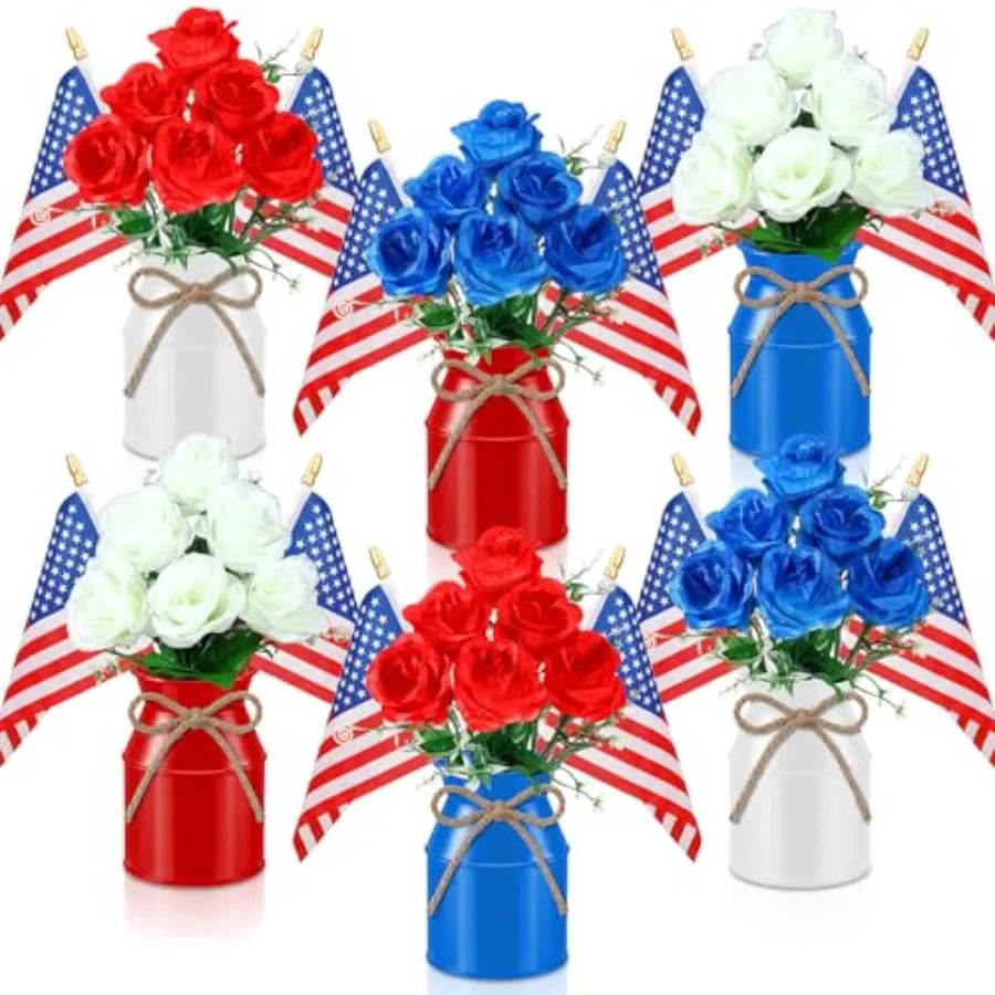 6‑Pack Patriotic Table Centerpieces – 4th of July Artificial Floral Arrangements with Metal Jars & American Flags