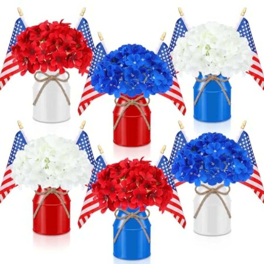 6‑Pack Patriotic Table Centerpieces – 4th of July Artificial Floral Arrangements with Metal Jars & American Flags