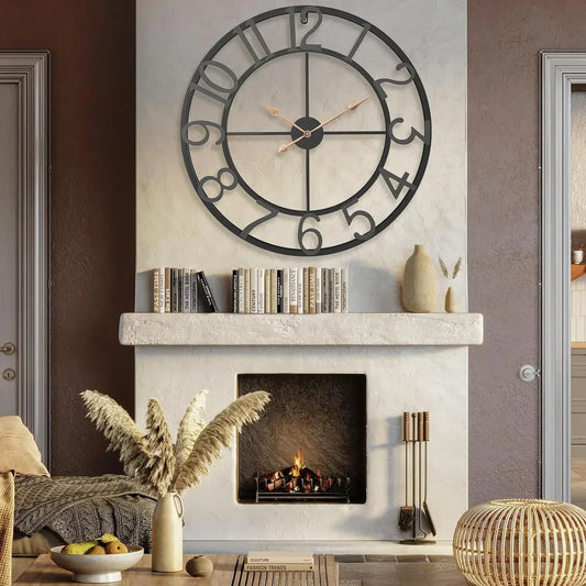 36" Oversized Wall Clock – Black Metal Decorative Clock for Living Room or Entryway