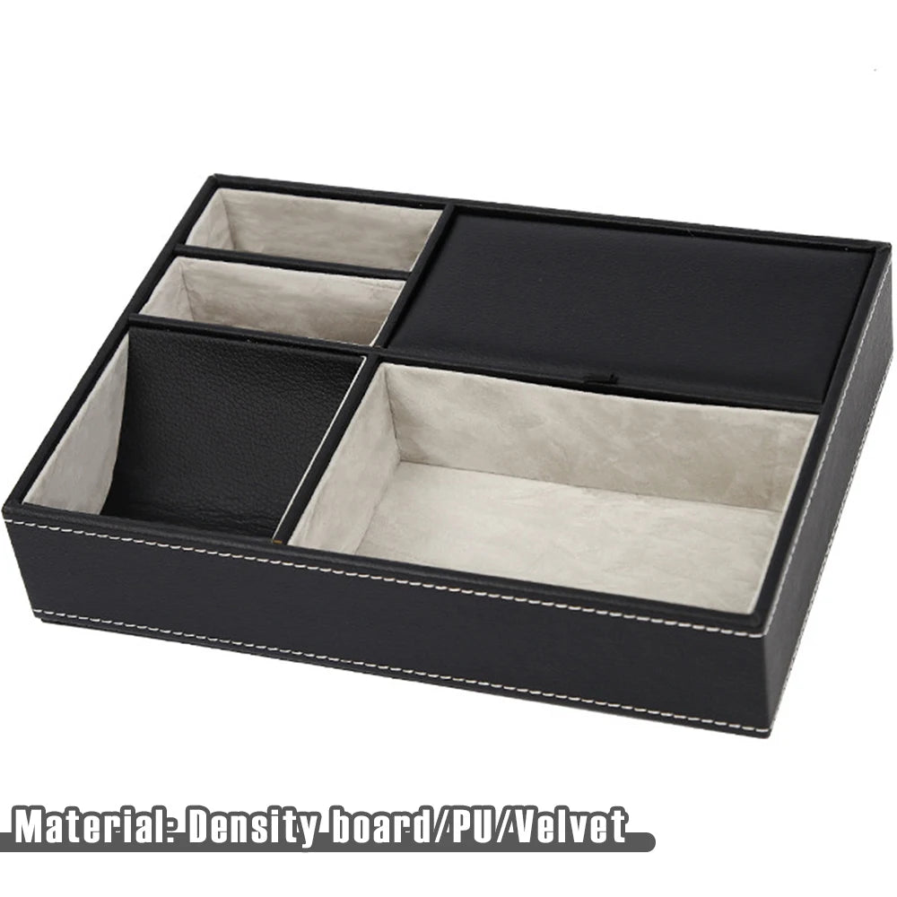 Faux Leather Men’s Valet Tray – 5‑Compartment Desktop Organizer for Office or Bedside