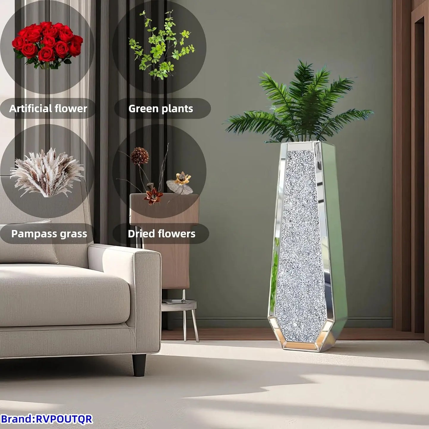 30" Large Crushed Diamond Mirrored Floor Vase – Double‑Sided Crystal Tall Decorative Vase for Home Décor