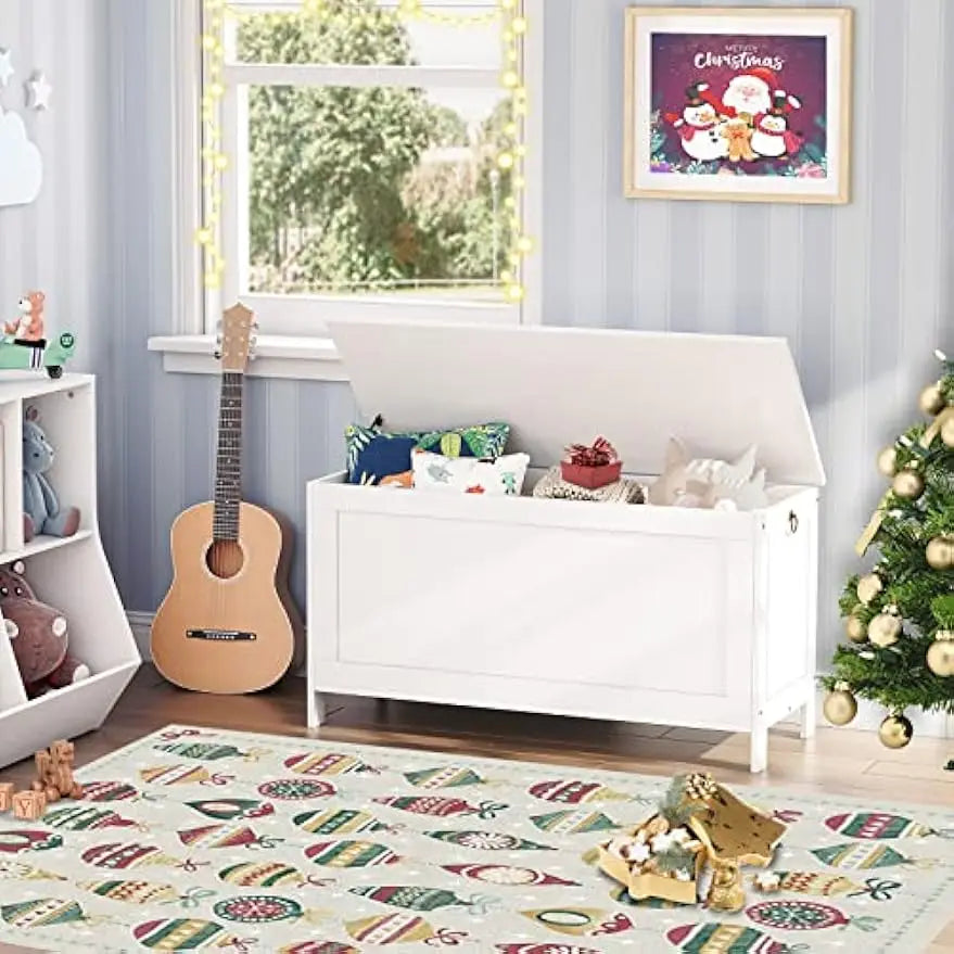 Wooden Look Storage Bench, Toy Box with Safety Hinge for Entryway Shoe Bench Supports 220 lbs, Easy Assembly White
