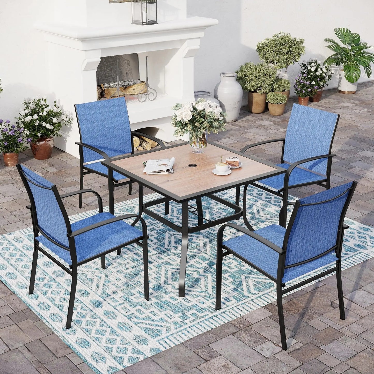 Outdoor Patio Dining Set (5/9/10‑Piece) – Square Table with Umbrella Hole & Metal Brown Chairs