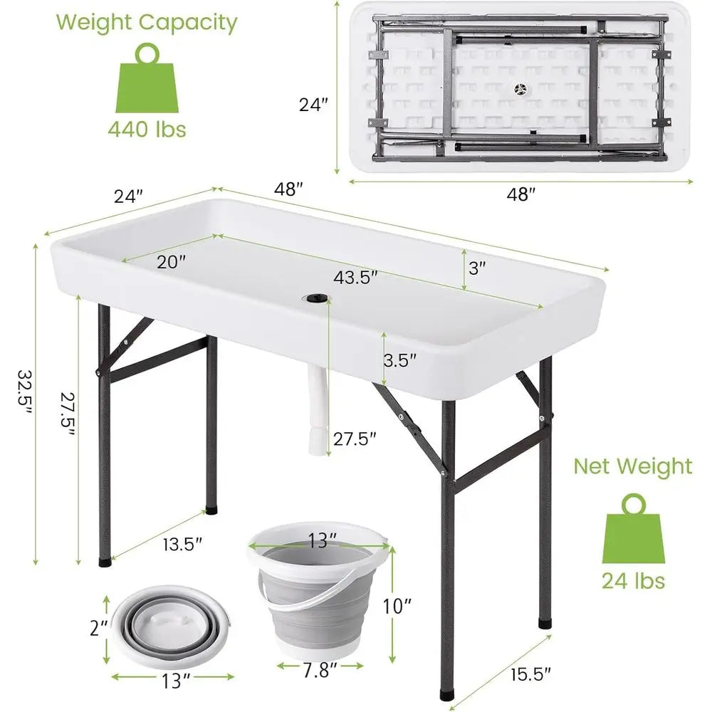 Portable Folding Ice Cooler Table – White Drink Station with Drain, Bucket & Removable Skirt for Parties & Camping