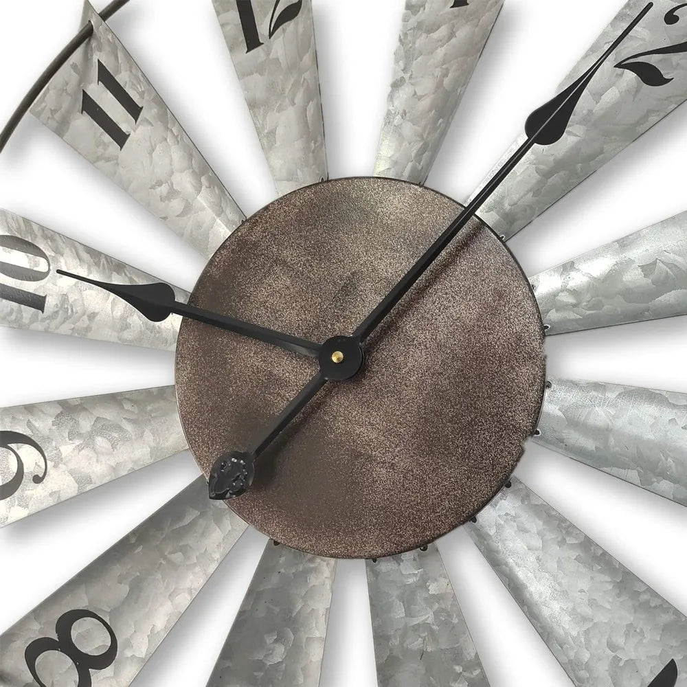 30-inch Windmill Distressed Metal Wall Clock, Rustic, Non-Ticking, Battery