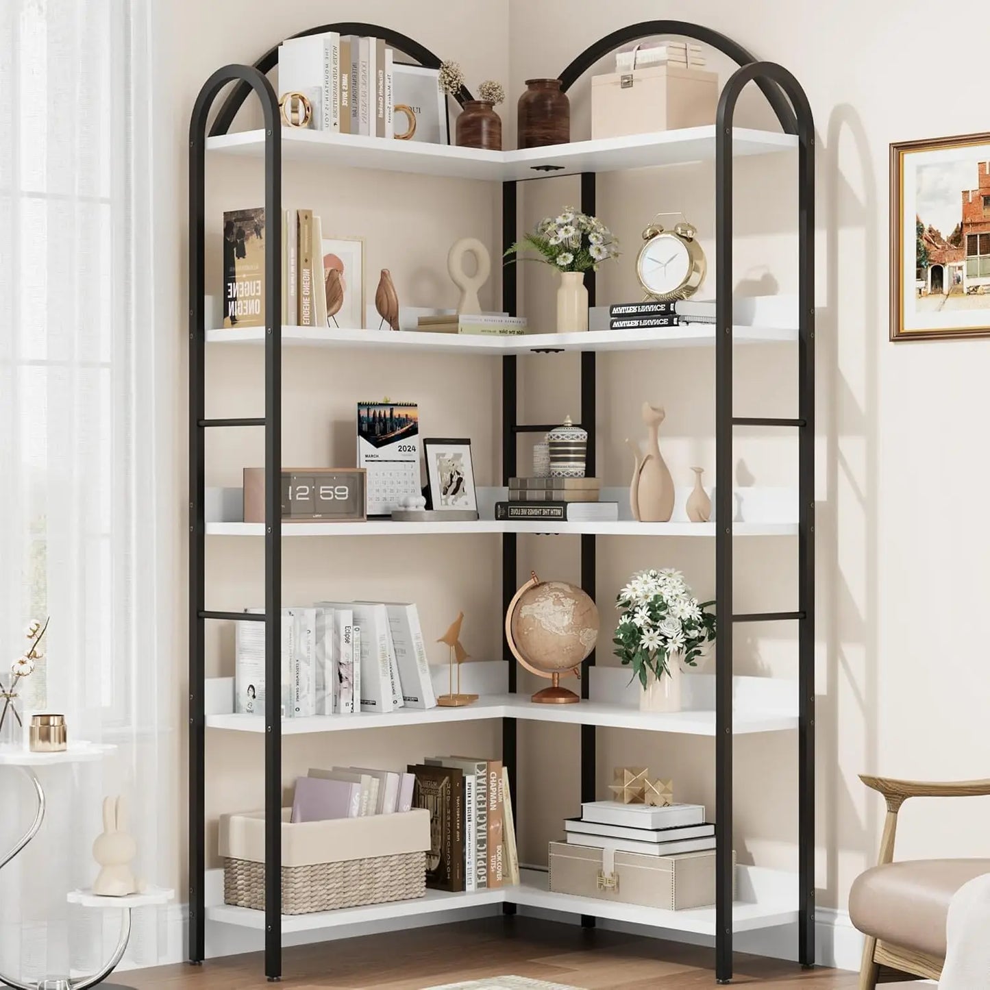 5-Tier Arched L-Shaped Corner Bookshelf | Industrial Storage & Display Rack