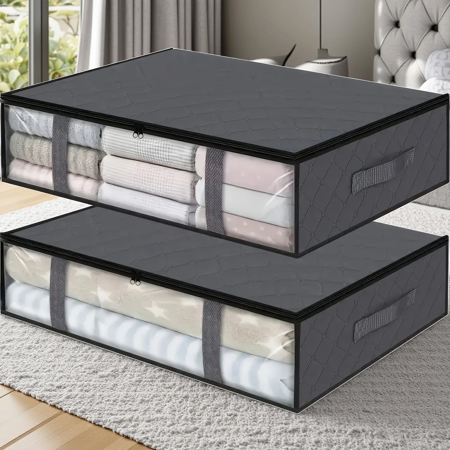 2‑Pack Large Under‑Bed Storage Organizers – Clear Window Bags with Reinforced Handles for Clothes, Comforters & Bedding