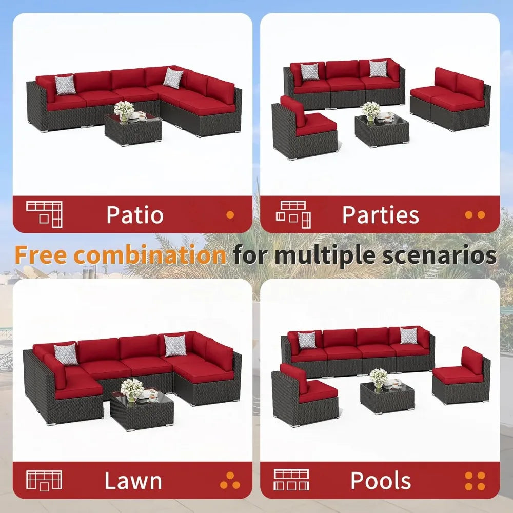 7-Piece Outdoor Patio Sofa Set - Black Rattan Wicker Set with Glass Top Table and Cushions(Red)