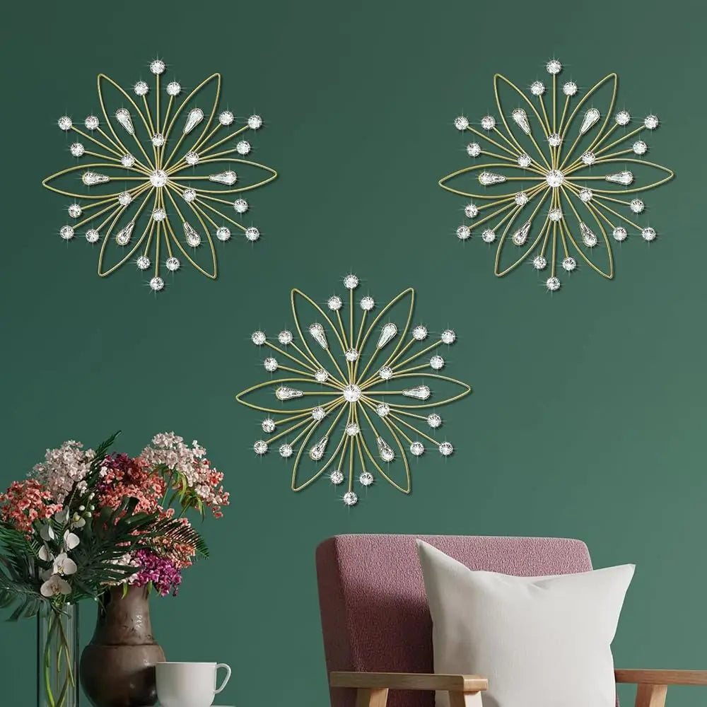 Crystal Home Décor Rhinestone Sun Star Wall Hanging Diamond Accents 18x18. 3 Set Metal Jeweled Wall Art Bling