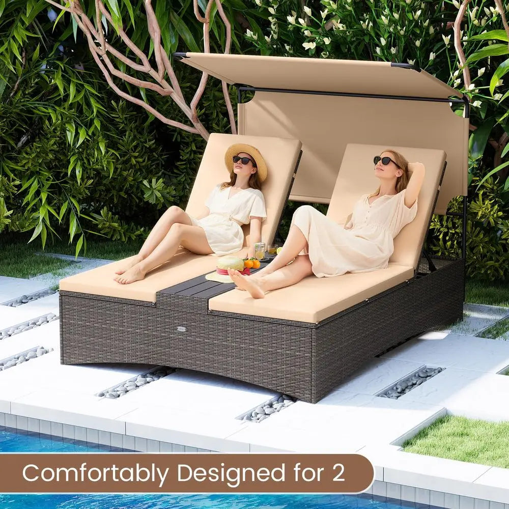 Outdoor Rattan Daybed with Canopy – 2‑Person Wicker Patio Day Bed with 4‑Level Adjustable Backrests, Cushions & Side Table