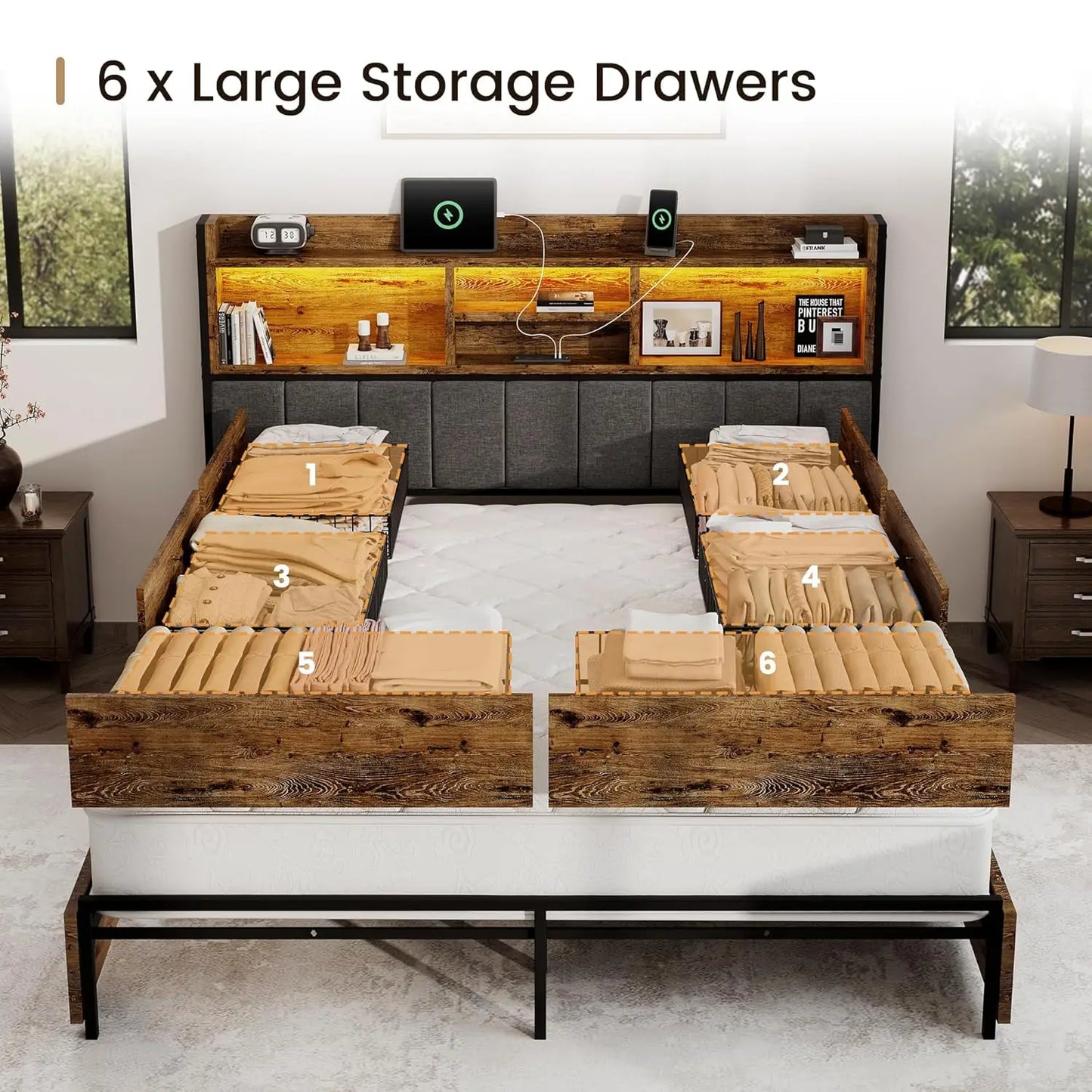 Queen Bed Frame with 6 Storage Drawers, Linen Upholstered Headboard, Built-in USB Charging Station & LED Lighting