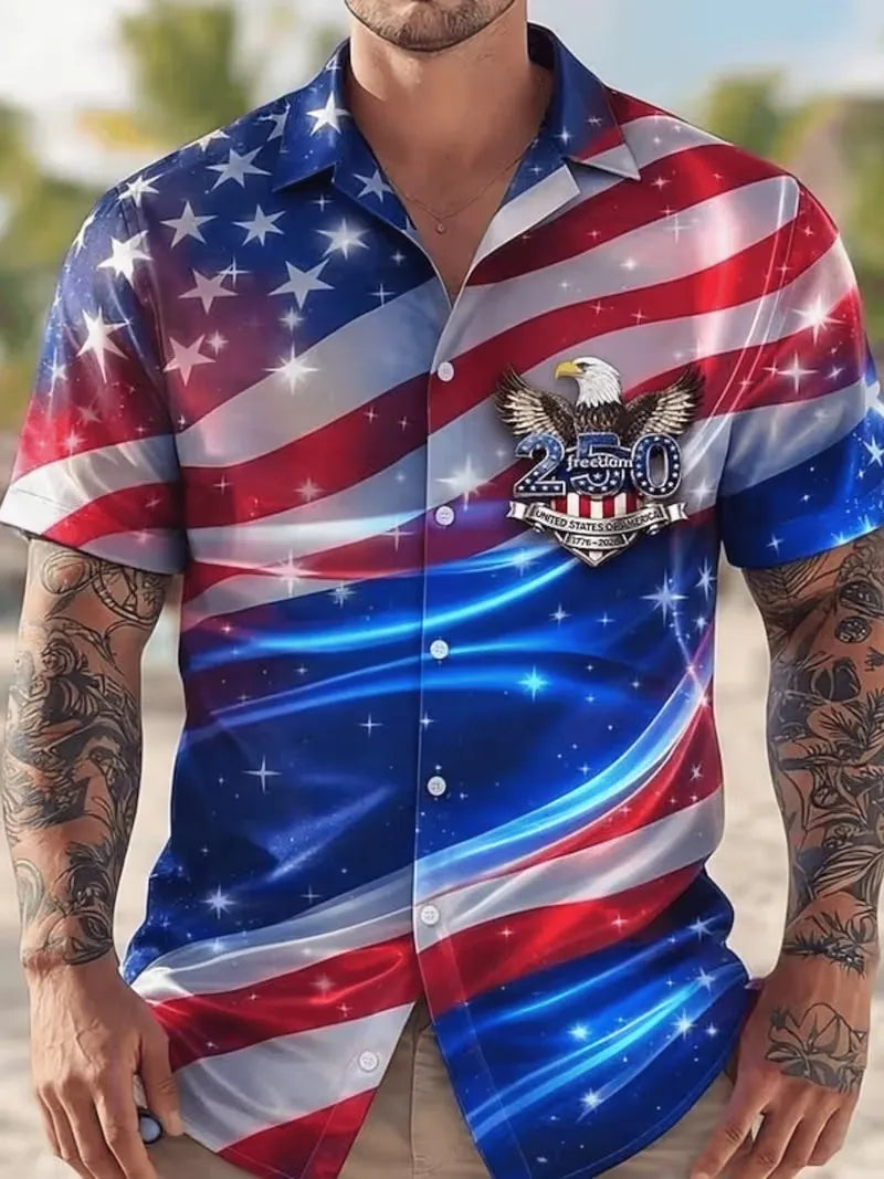 Men's 250th Anniversary US  American Flag Print Short Sleeve Button Down Shirt