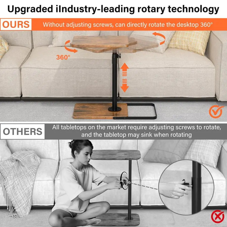 Adjustable Couch Tray Table – Height‑Adjustable with 360° Swivel Panel and Anti‑Slip Metal/Wood Base