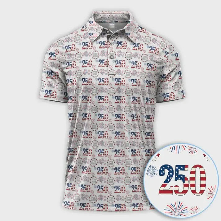 America 250 Polo Shirt, 1776–2026 USA 250th Anniversary Golf Shirt, Patriotic Red White Blue Flag Polo Men's Clothing