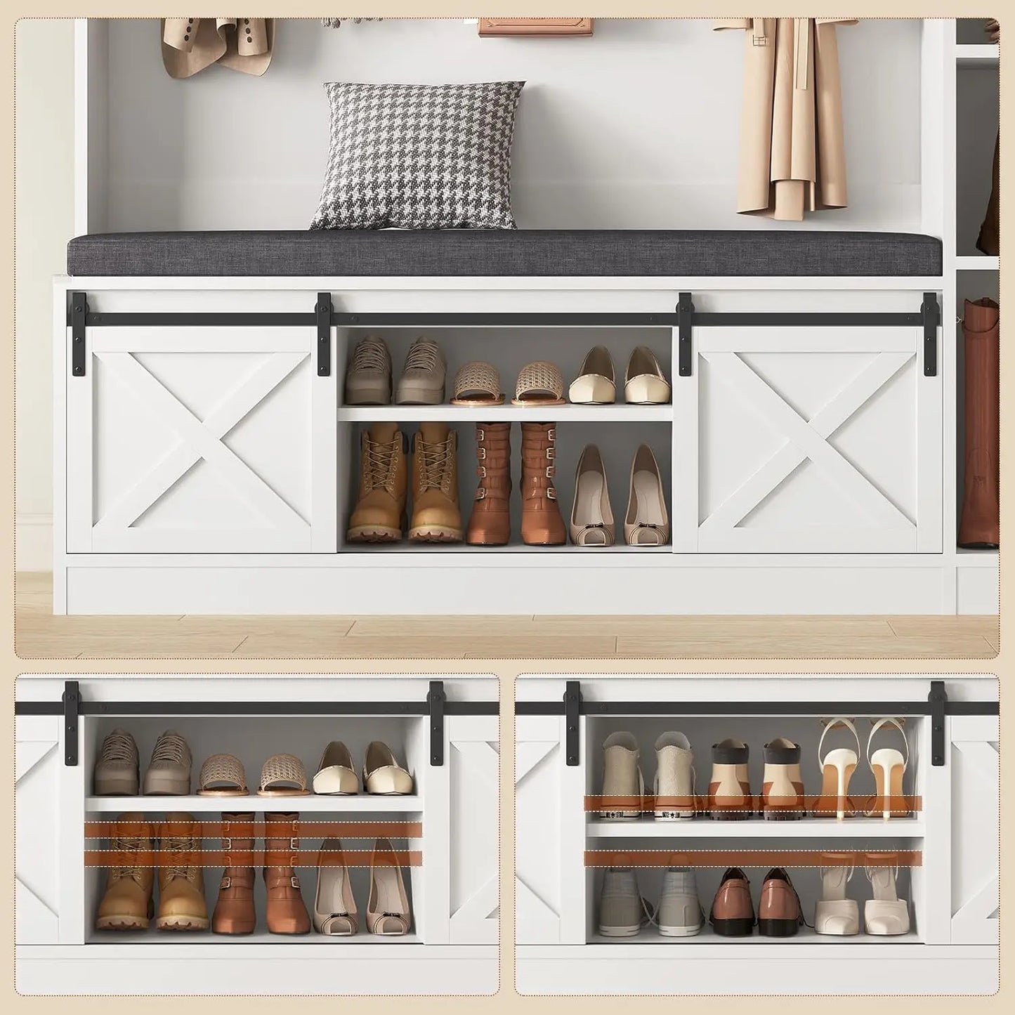 Entryway Bench and Shoe Storage,  Coat Rack with Tall Mirror, Farm House Barn Door 4-in-1 Hall Tree, Customized