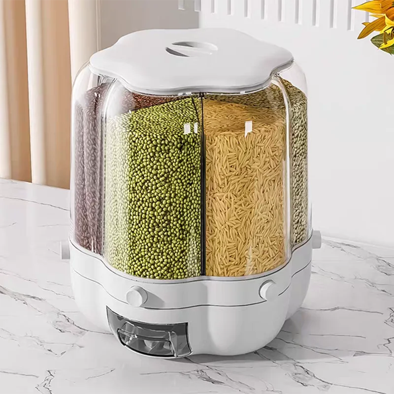 Rotating Food Storage Container - Transparent Large Capacity for Rice, Beans, and Grain - Container with Lid