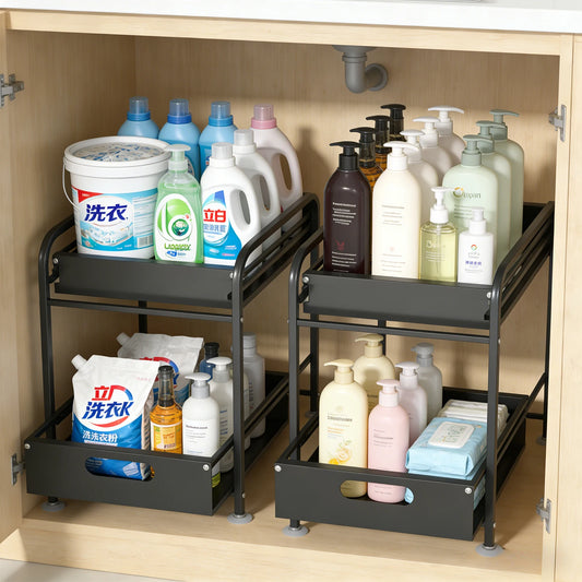Sliding Cabinet Organizer – 2‑Tier Pull‑Out Storage Rack for Under‑Sink & Pantry Organization