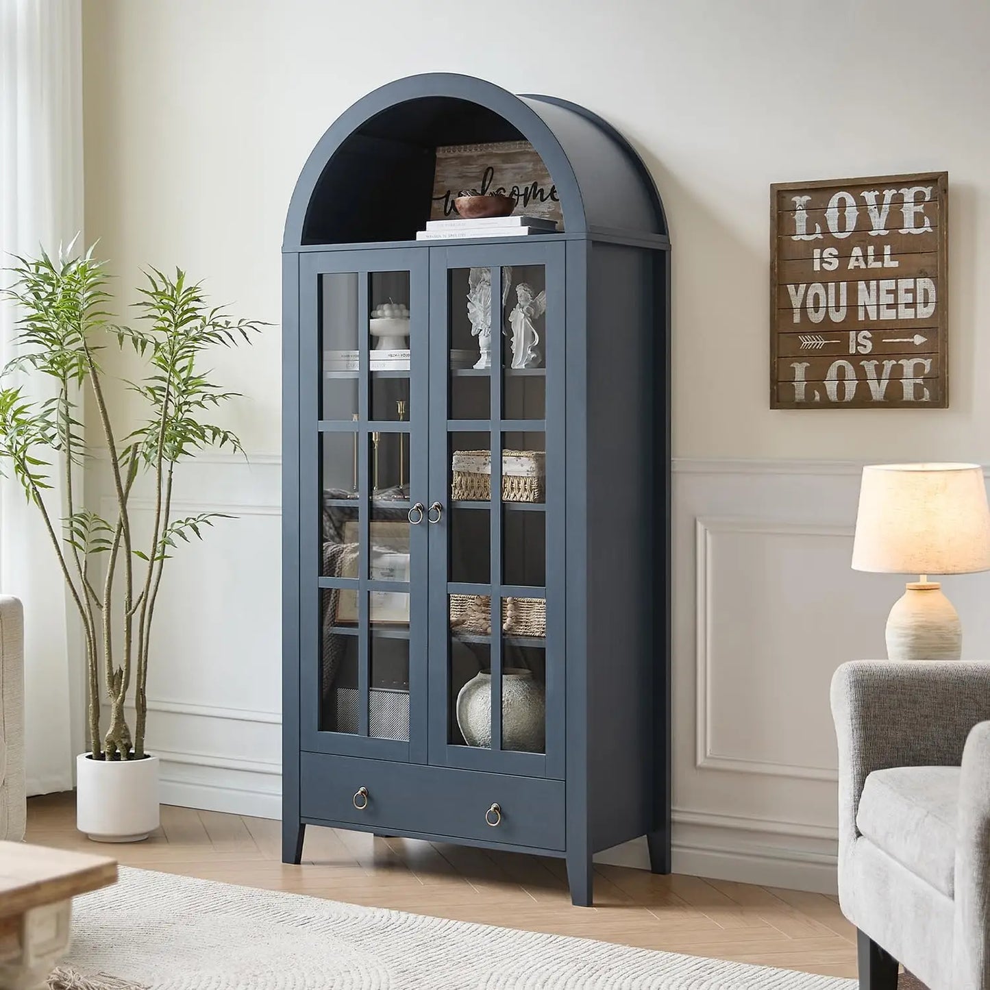 71" Arched Display Cabinet with Glass Doors | 5-Tier Modern Bookcase