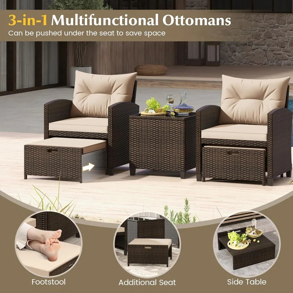 5-Piece Outdoor Patio Furniture Set with Chairs, Ottomans & Glass Table