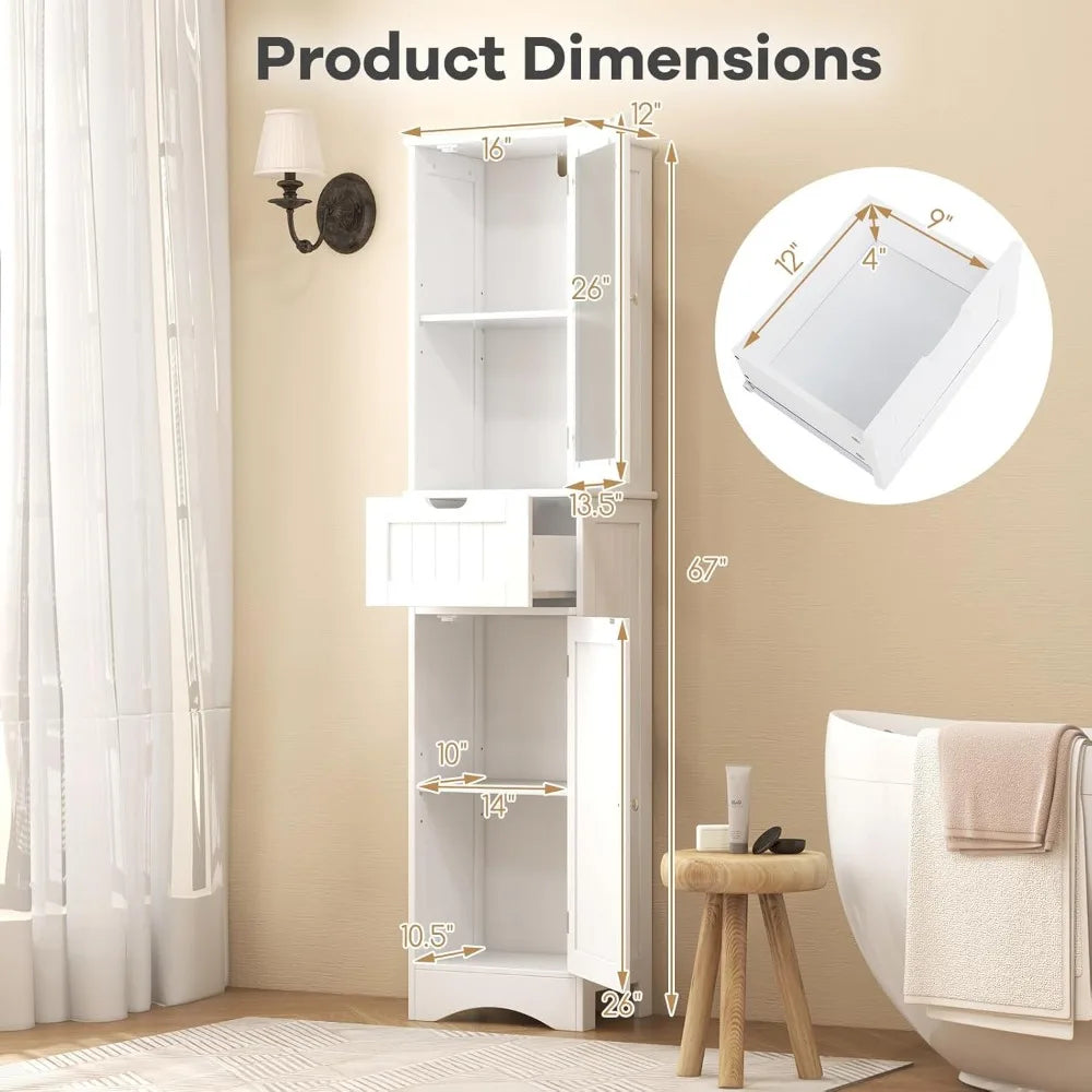 67" Tall Bathroom Storage Cabinet, Slim Freestanding W/ 2 Doors & 1 Drawer