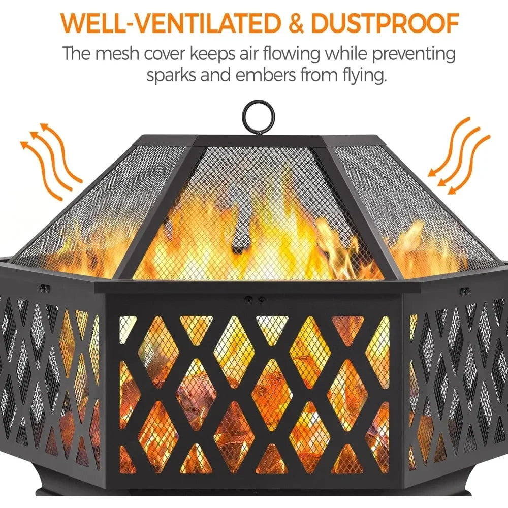 Hex Shaped Fire Bowl - Large Wood Burning Outdoor Fire Pit with Spark Screen & Poker for Bonfire, Campfire