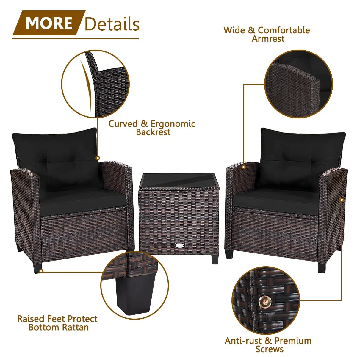 3‑Piece PE Rattan Patio Furniture Set – Outdoor Chairs with Washable Cushions & Tempered Glass Table (Multiple Colors)