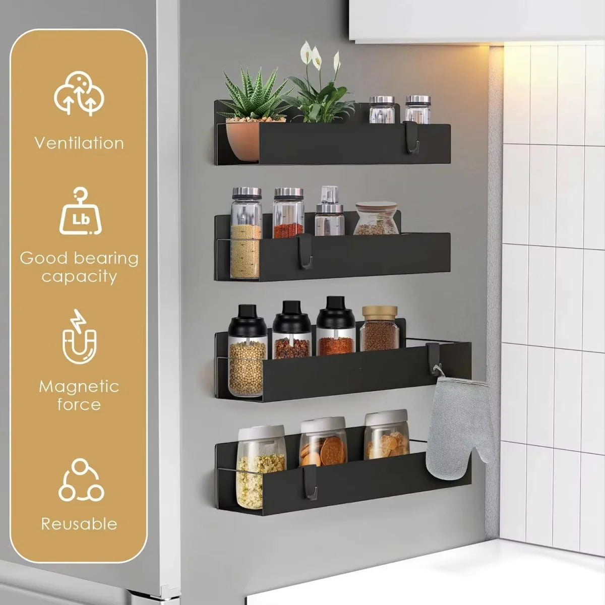 4‑Pack Magnetic Spice Storage Racks – Metal Fridge‑Mounted Shelves for Kitchen Organization