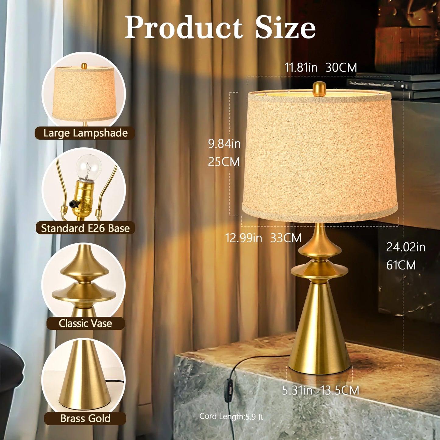 24" Gold Modern Table Lamp – Contemporary Accent Light for Living Room, Bedroom & Office