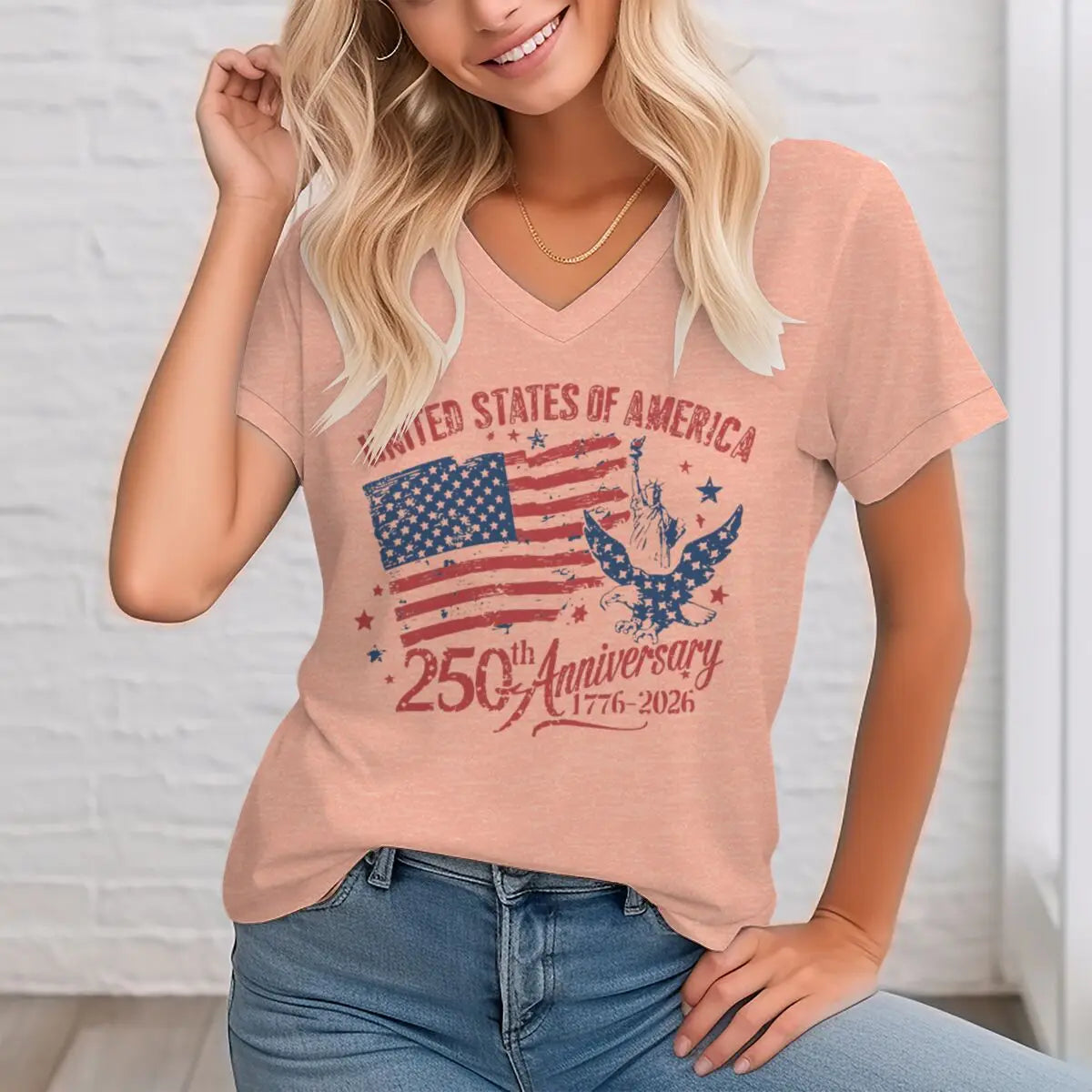 4th of July V-neck T-Shirt Women Clothing America 250th Anniversary Graphic T Shirt 1776-2026 USA 250th Birthday Tops