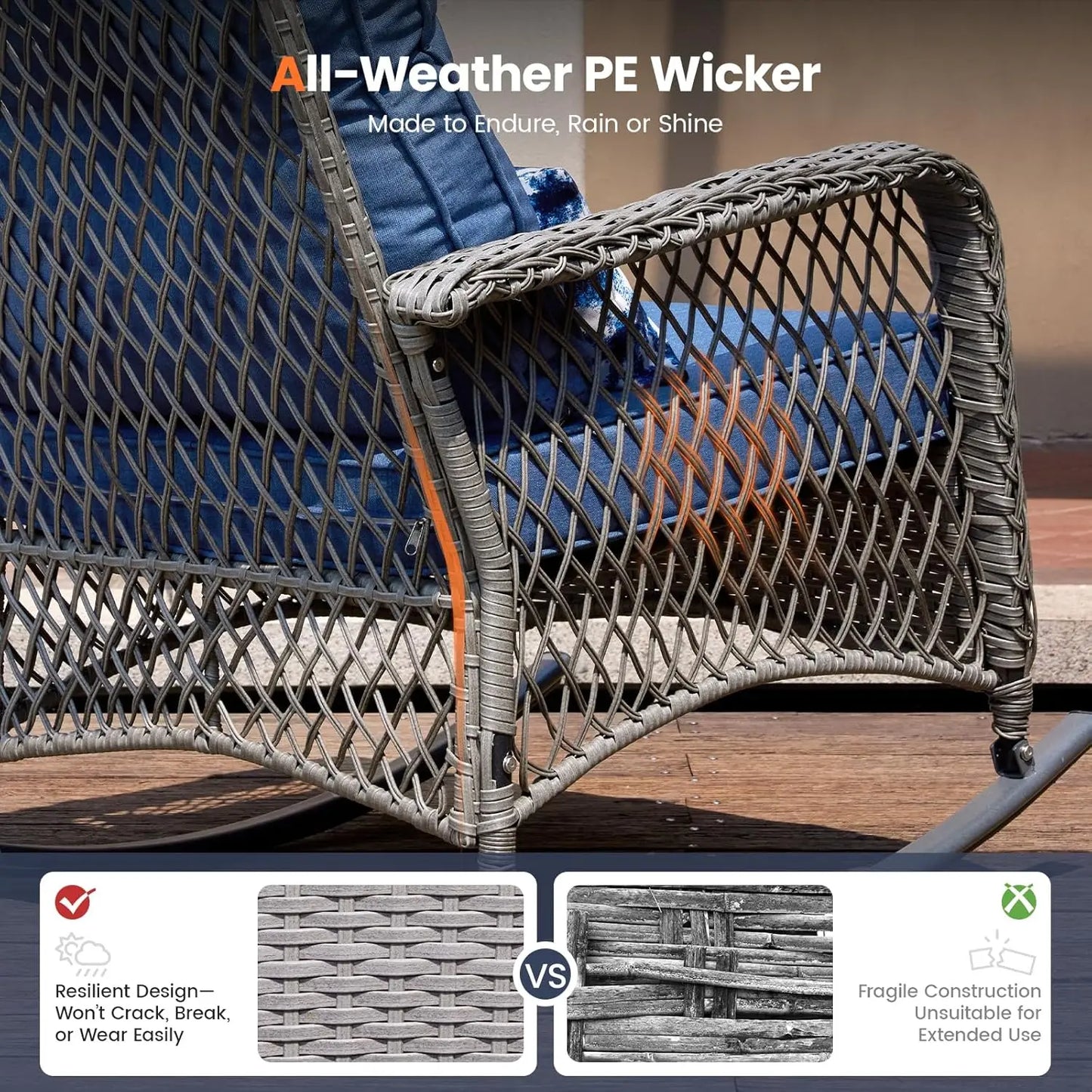 3‑Piece Outdoor Wicker Rocking Set – 4" Thick Cushions & Side Table for Porch, Balcony & Poolside