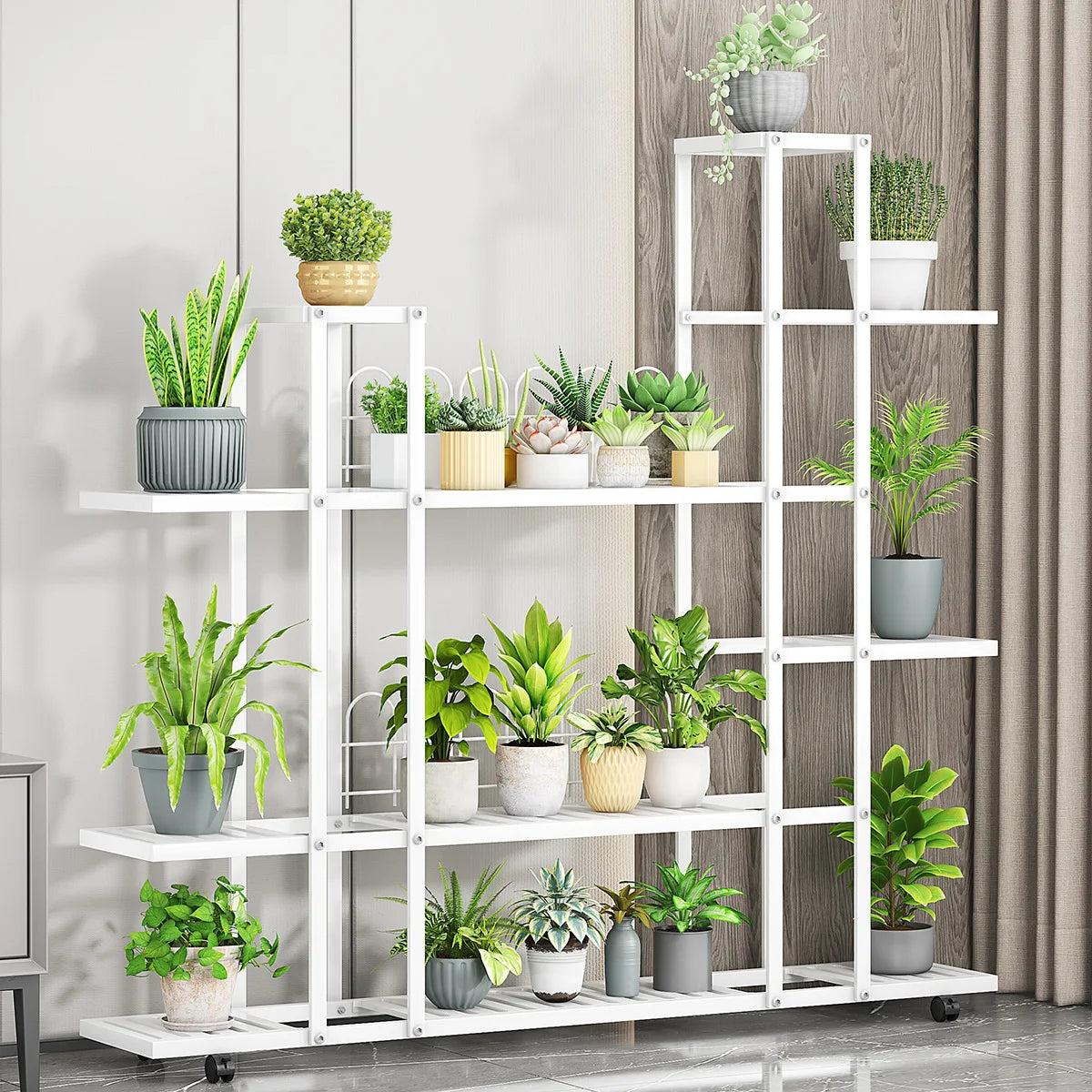 Plant Stand Indoor Outdoor, Wrought Iron Multiple Planter Rack Organizer w/Wheels Flower Display Stand for Balcony Garden