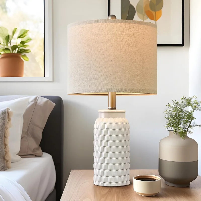 Modern White Ceramic Table Lamps (Set of 2) – 20.5" Bedside Lamps with Linen Shades