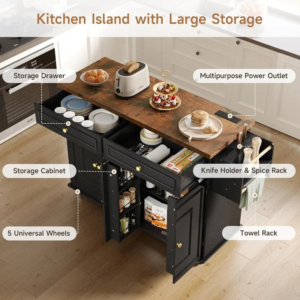 58" Mobile Kitchen Island with Power Outlet, Drawers and Cabinets