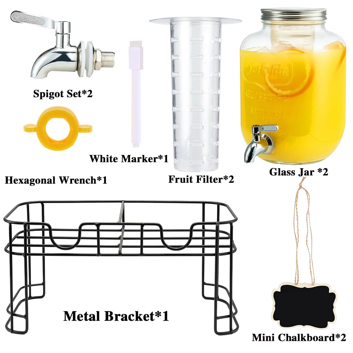 Double Glass Drink Dispenser Set – Two 1‑Gallon Jars with Metal Stand