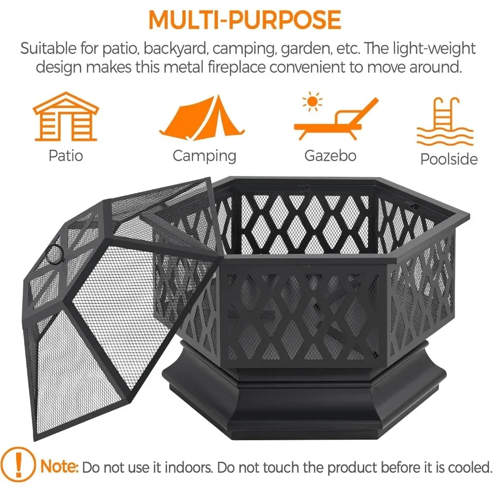 Hex Shaped Fire Bowl - Large Wood Burning Outdoor Fire Pit with Spark Screen & Poker for Bonfire, Campfire