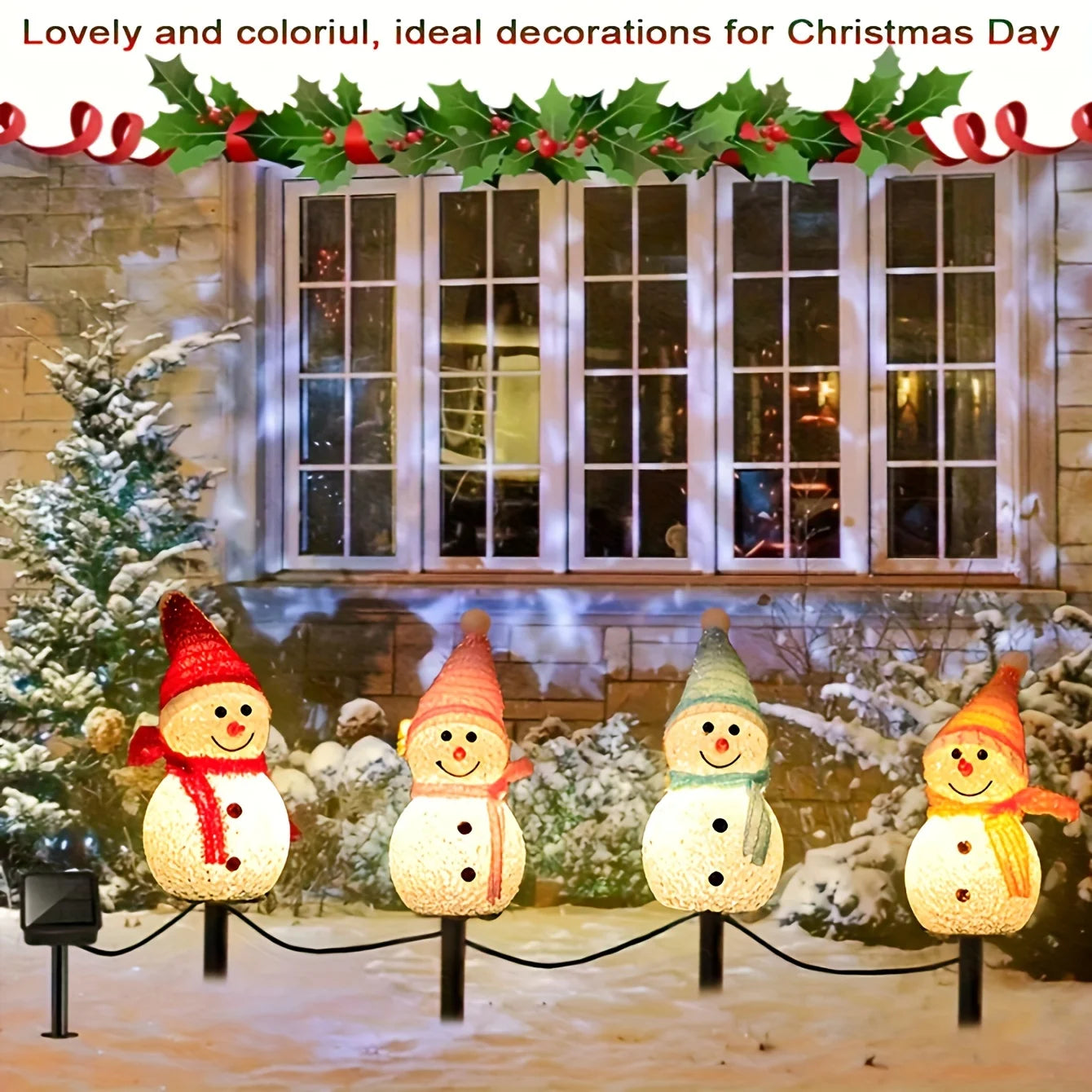 Solar-Powered Snowman LED Lights 4-Piece Set - Christmas Outdoor