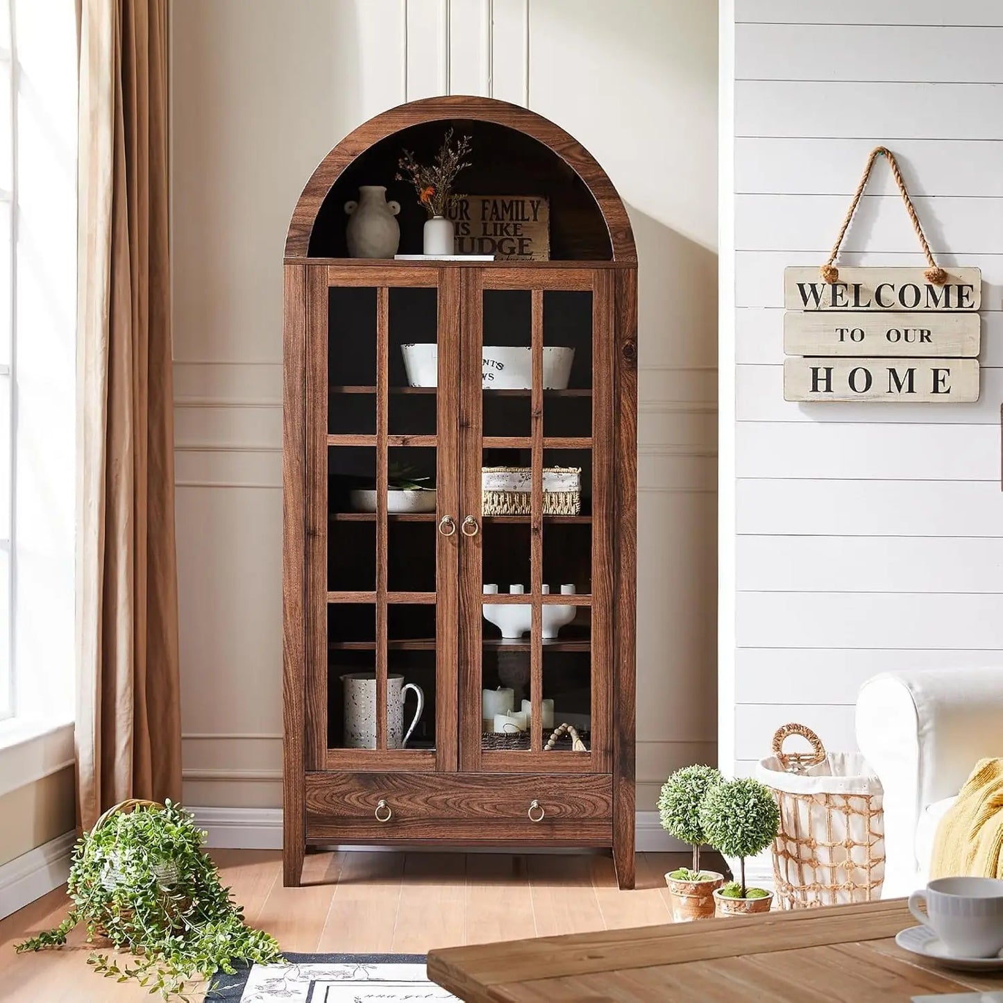 Elegant 71-Inch Arched Display Cabinet – Natural Wood Finish