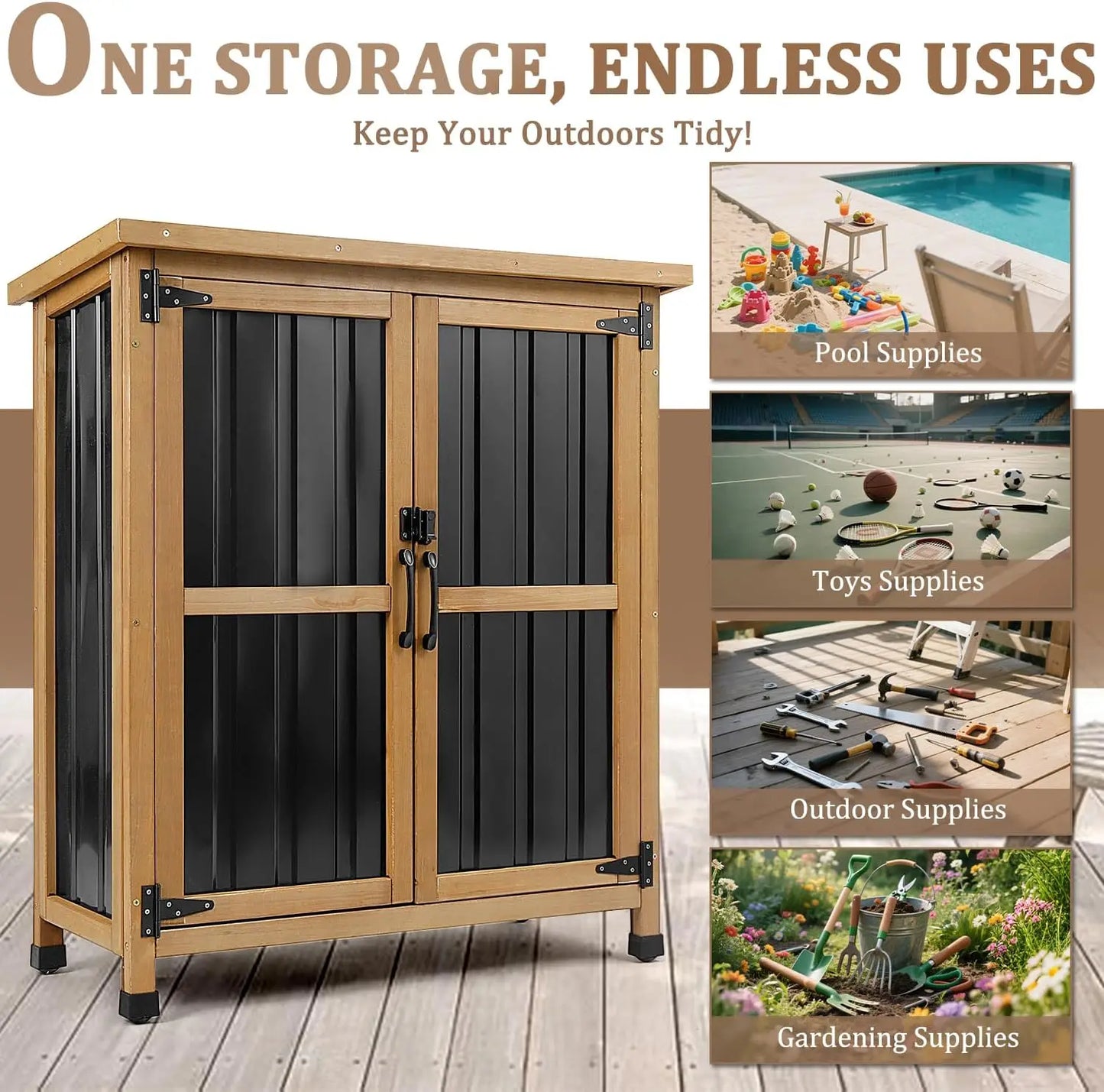 Weatherproof Outdoor Storage Cabinet with Lockable Doors, Wood & Metal