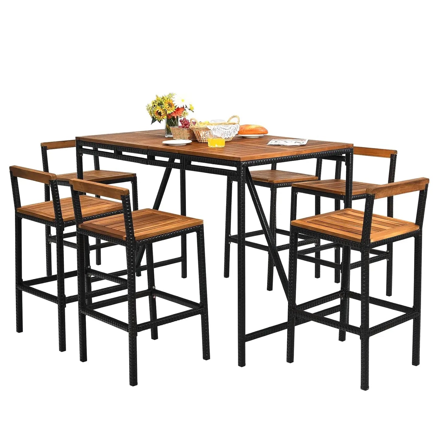 7pc Wood Bar Table Set w/ Umbrella Hole - High Bistro Table & 6 Stools