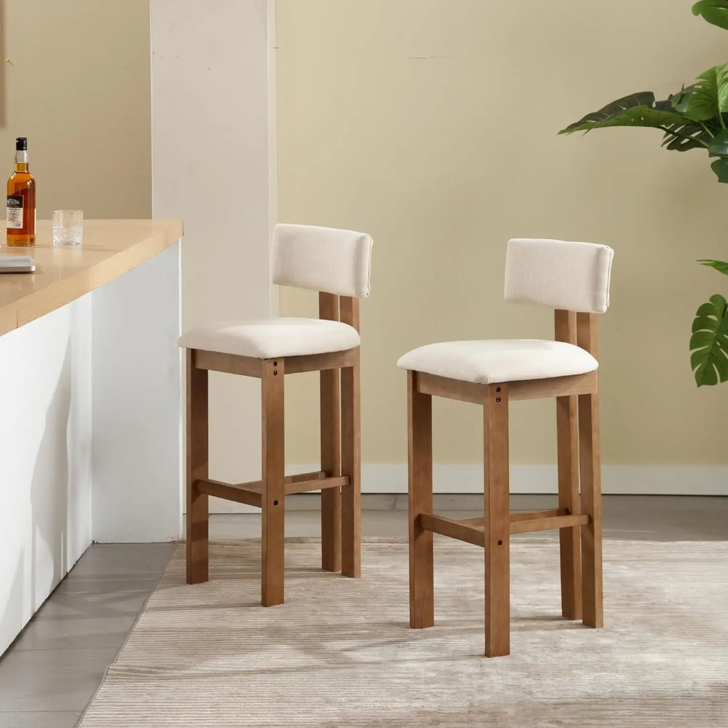 30" Wooden Bar Stools (Set of 4) – Curved Back Counter Chairs with Linen Upholstered Seat
