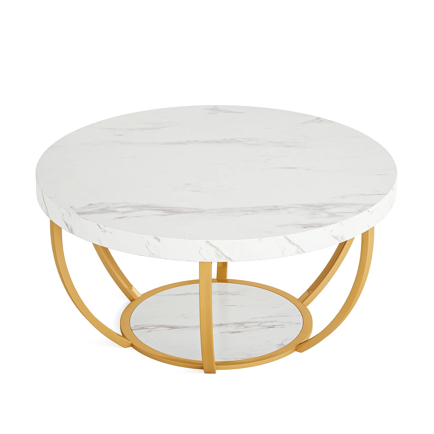 31" Round Coffee Table, Industrial 2-Tier Table with Storage Shelves