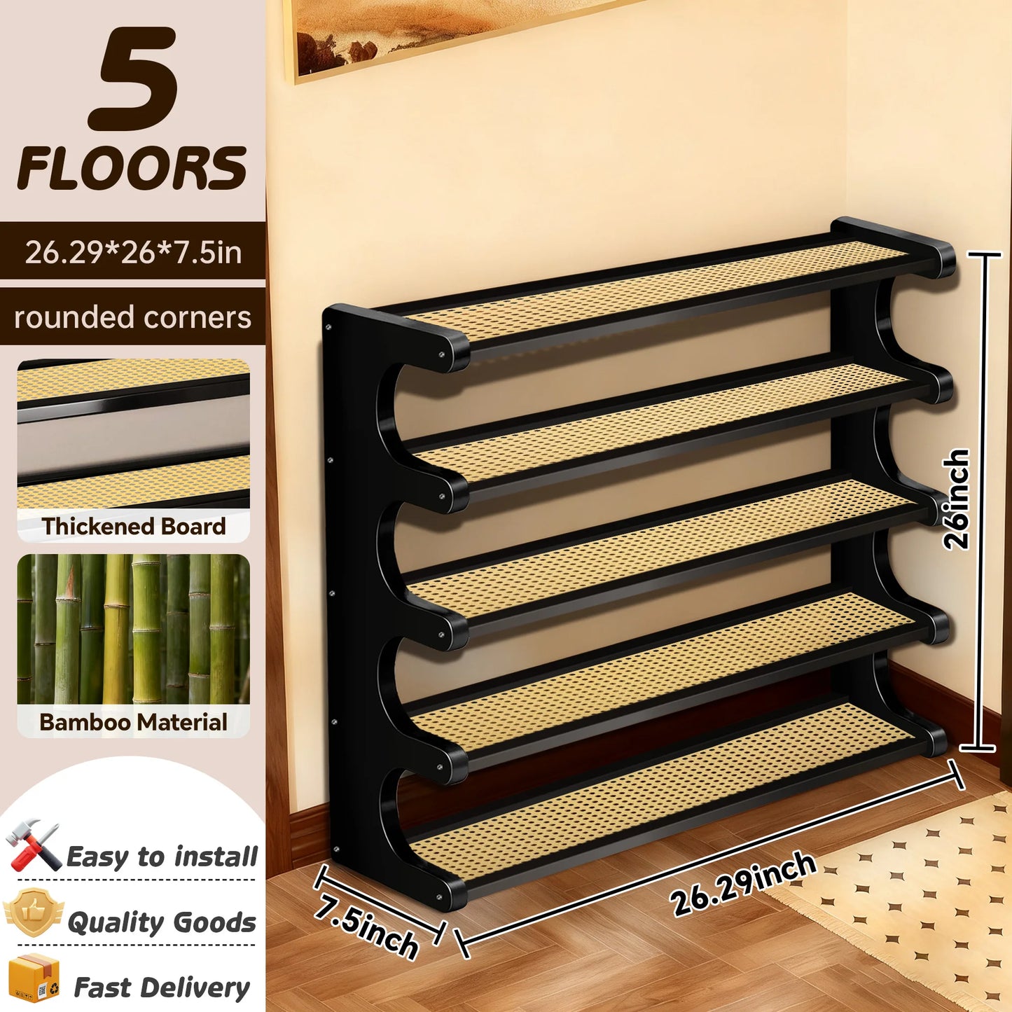 A five-tier heavy-duty bamboo shoe rack and storage shelf. Available in three colors.