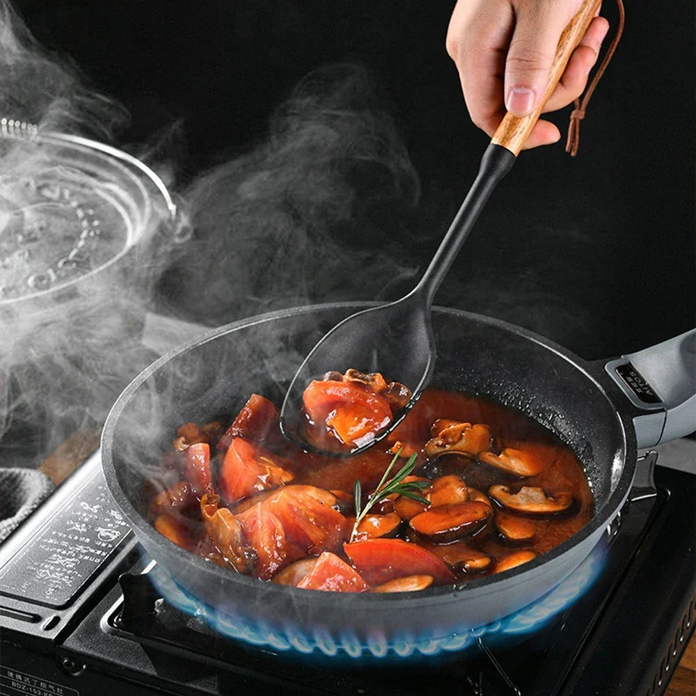 7Pcs Black Silicone Wooden Handle Cooking Tool Non-stick Kitchen Utensils