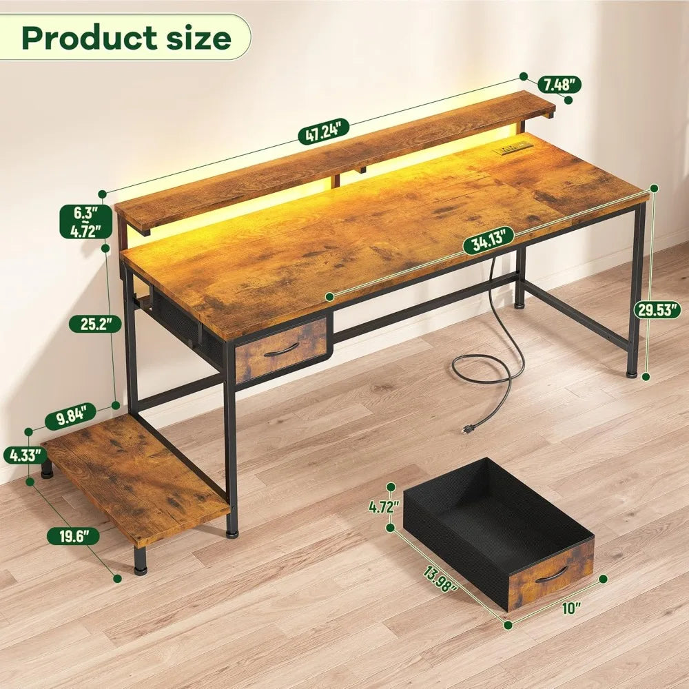 47" Office Desk with Power Outlet & Ergonomic Monitor with CPU Stand & LED Lights