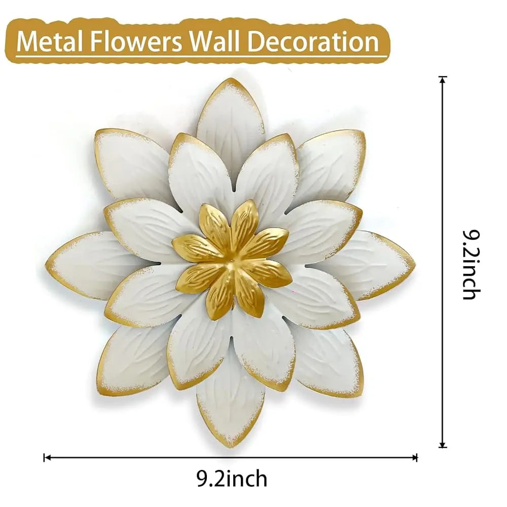 9“ White and Gold Metal Flower Wall Art, Modern Rustic Floral Decor for Indoor Living Room, Bedroom, Office, or Outdoor