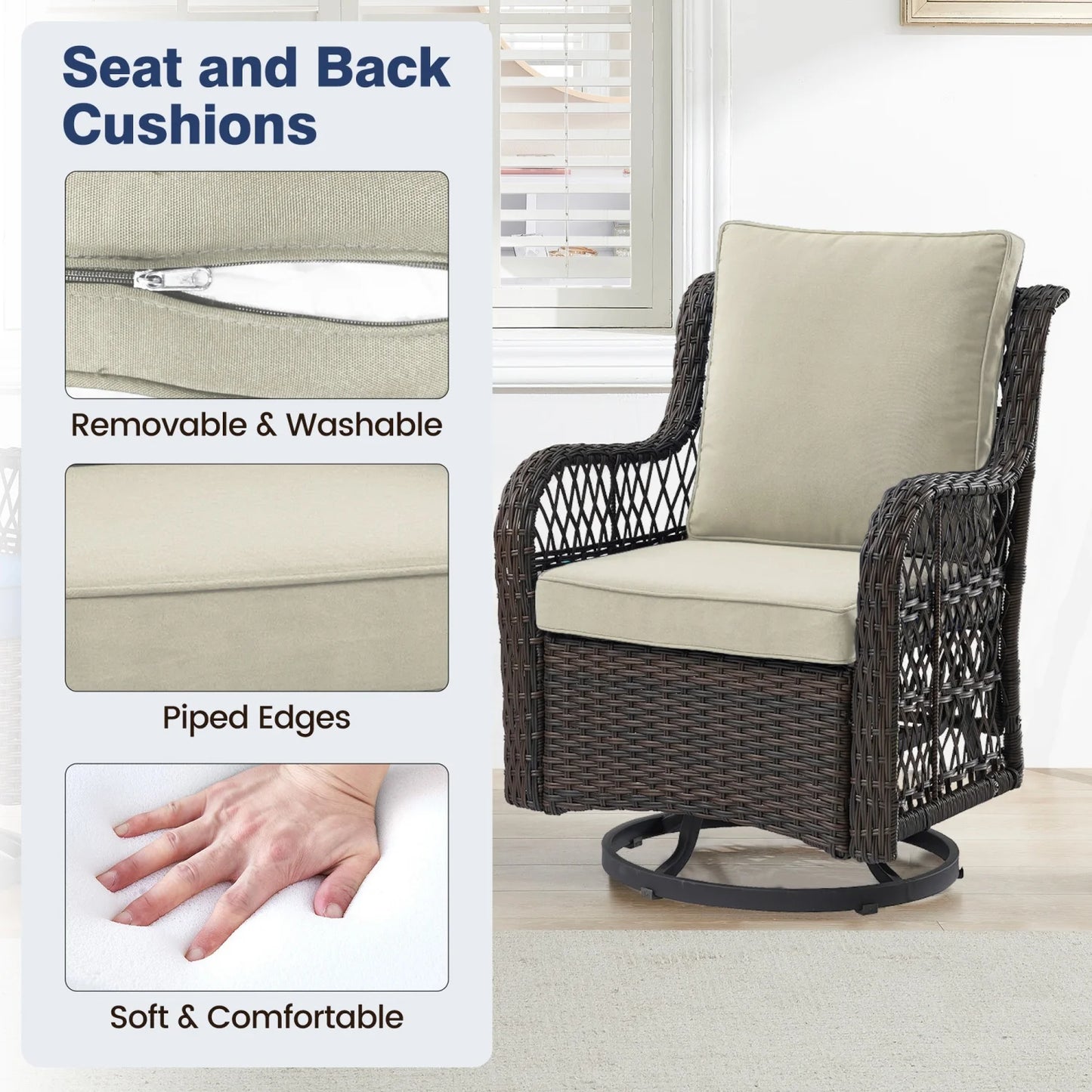 3‑Piece Outdoor Swivel‑Glider Rocking Chair Set – Cushioned Chairs & Glass‑Top Side Table