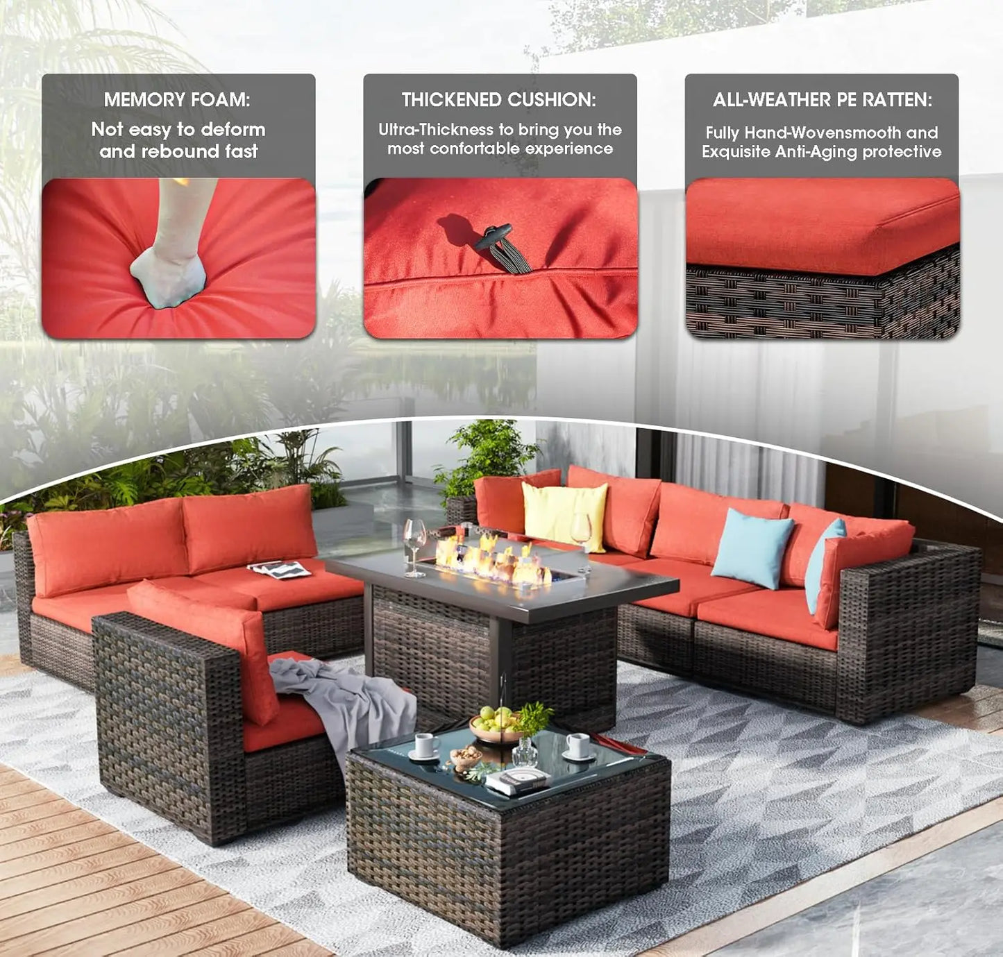 9 Pieces Outdoor Sectional Patio Furniture Set with Fire Pit Table PE Rattan Wicker Patio Sectional Armless, Customized