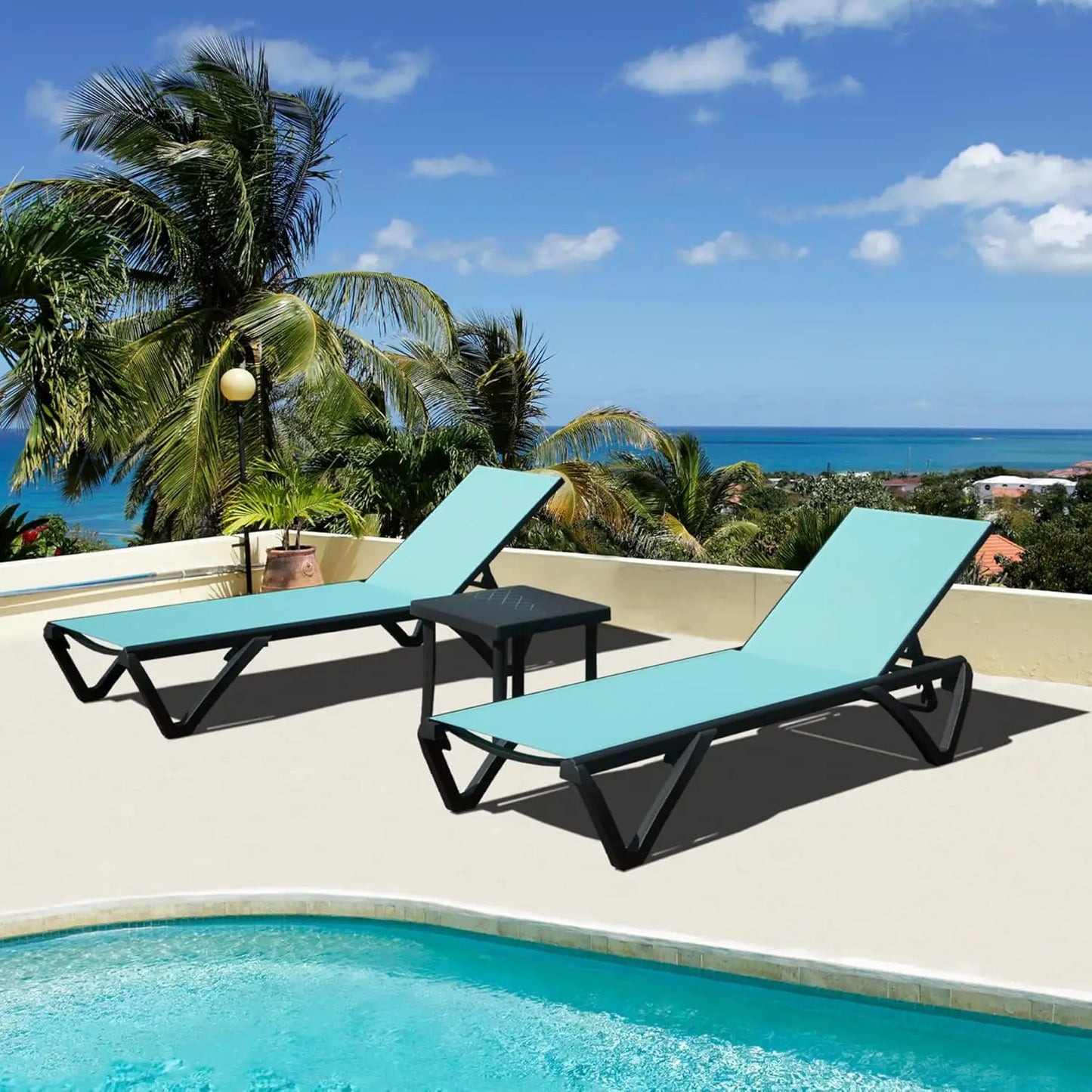 Lounge Chairs Set of 2, Aluminum Adjustable Outdoor Chaise Lounge with Wheels, All Weather